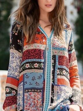 Johnny Was Floral Patchwork Tunic in Blue, Orange, Coral
